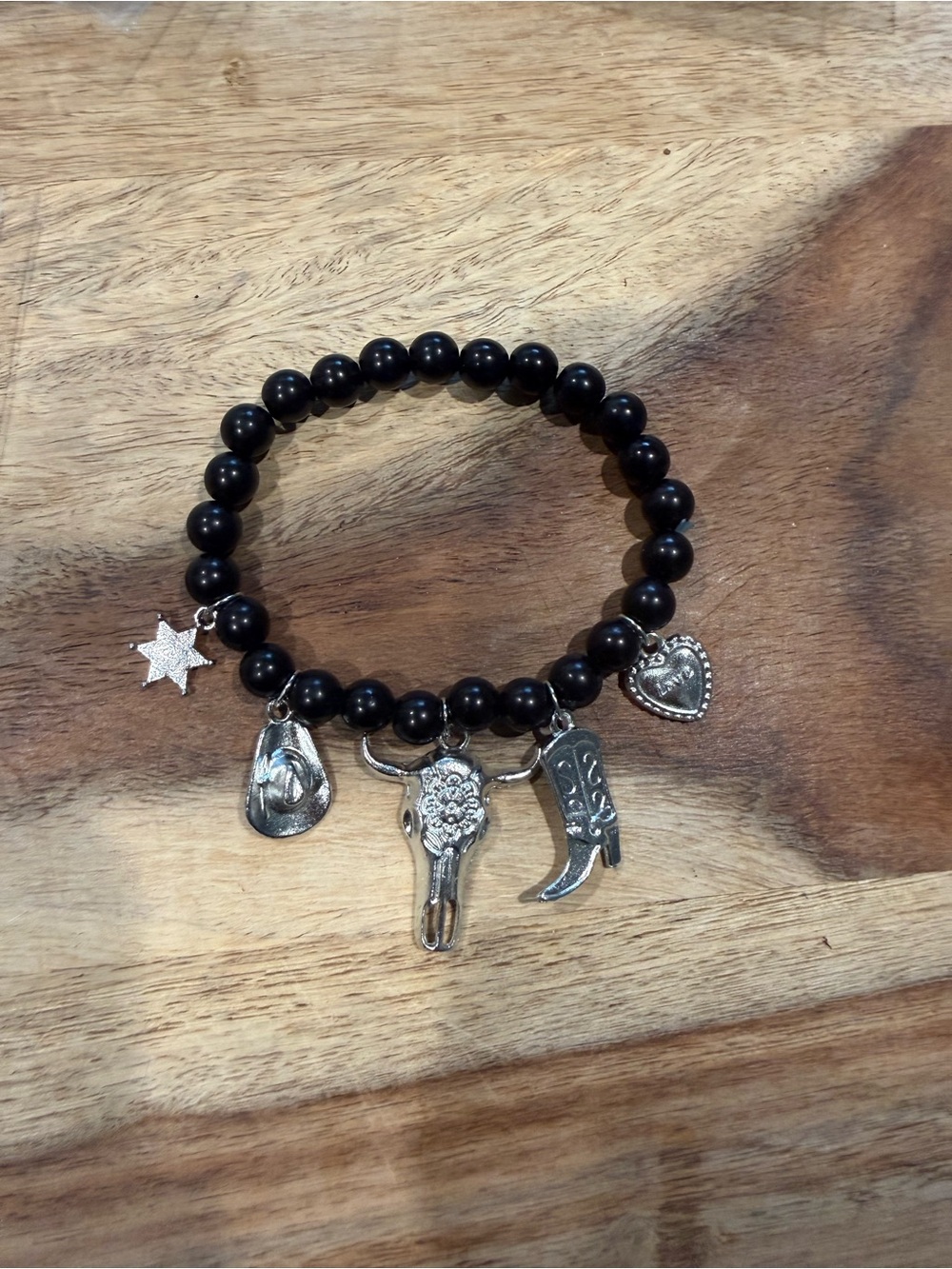 Black Beaded Western Charm Bracelet with Silver Accents